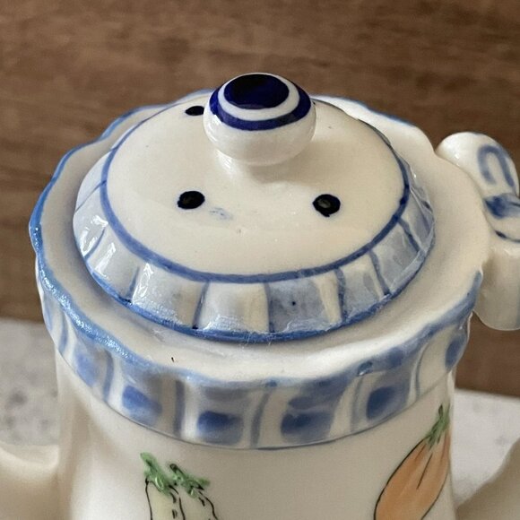 Studio Art Pottery Hand Painted Vegetable and Ribbon Motif Covered Pitcher 4.5" - Picture 6 of 9